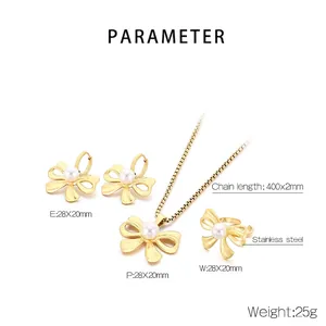 Detailed size parameters for the elegant gold stainless steel bow pearl jewelry set