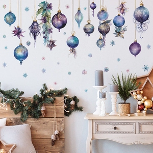 Christmas Wall Stickers PVC Purple Blue Watercolor Snowflake Hanging Ornaments Decals For Living Room Bedroom Home Decor
