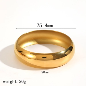 Polished 18k gold plated wide stainless steel bangle with dimensions and weight info