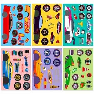 6-pack racing car DIY stickers for kids featuring colorful mix and match puzzle designs