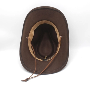 Classic dark brown western cowboy hat showing interior adjustable strap and sweatband