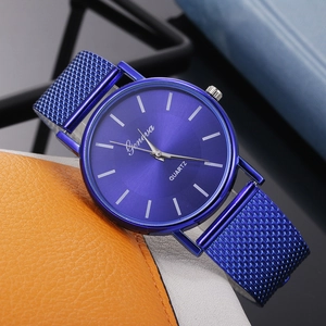 Unisex quartz watch with blue sunray dial and blue Milanese mesh strap for daily wear