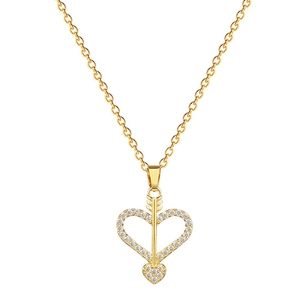Elegant gold titanium heart and cupid arrow necklace with pavé cubic zirconia detail