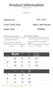 Size chart for dark gray knit set showing dimensions for S, M, and L in 100% viscose