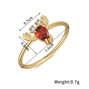 Detailed size chart of a 18K gold crab ring featuring red pear-shaped zircon and dimensions