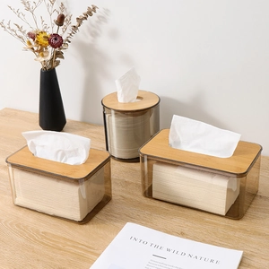 Nordic transparent tissue box set with natural bamboo lids on a minimal wooden table