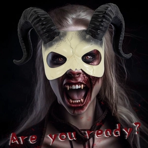 White devil horn skull mask for Halloween cosplay with realistic blood and fangs effect