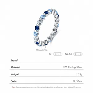 S925 sterling silver ring featuring gradient blue and white zircon stones and 2.5mm band