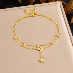Double-layered stainless steel anklet with gold crescent moon and star charms for women