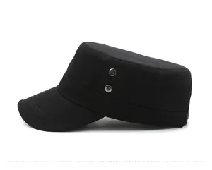Side view of black cotton cadet cap showing metal eyelets and minimalist military style