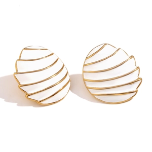 18K gold plated oval earring with white enamel sail texture on a clean background