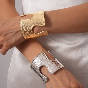 Textured gold and silver hollowed wide open cuff bracelets with geometric metallic finish
