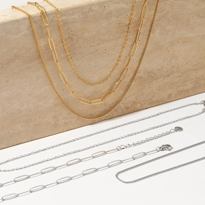 Three-layer layered chain necklace set in gold and silver finish with paperclip chain