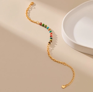 Handmade 18K gold plated bracelet with colorful irregular beads and square link chain
