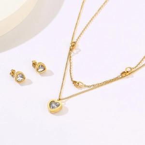 Double-layer gold stainless steel necklace and heart glass earring jewelry set