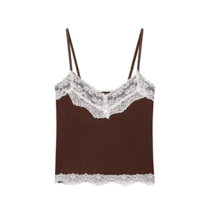 Camisola de punto marrón oscuro para mujer con encaje blanco y elegante escote en V