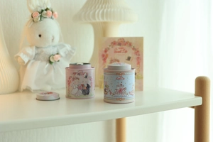 Close-up of pink and light blue bunny tin boxes in a cozy lifestyle setting