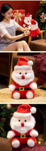 Close-up of plush Santa Claus doll with soft texture and classic gold belt buckle detail
