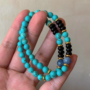 Beaded Bracelet With Turquoise Black Agate Crystal Beads And Gold Alloy Spacers For Summer Beach Vacation Style