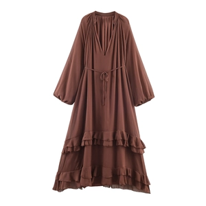 V Neck Chiffon Maxi Dress Lantern Sleeve Tiered Ruffle Hem Solid Brown Bohemian Flowing Elegant Dress