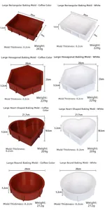 Detailed specs for large geometric silicone cake molds showing varied shapes and sizes