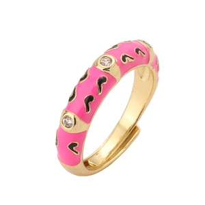 Adjustable gold plated ring with pink enamel leopard pattern and sparkling zircons