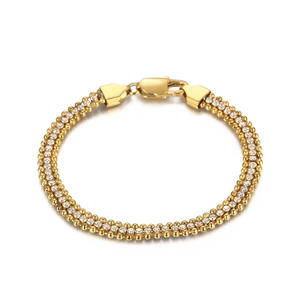 Bracciale a doppia fila in acciaio inossidabile dorato con perle e pietre di zircone