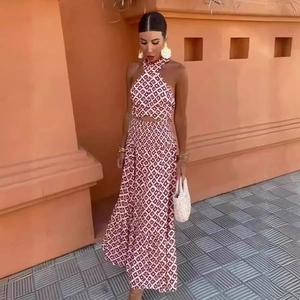 Halter Neck Backless Top And High Waist Smocked Maxi Skirt Red White Geometric Floral Print Vacation Summer Resort For Women