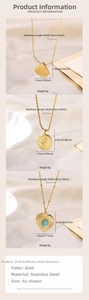 Detailed specs of three gold stainless steel necklaces with shell and heart pendants