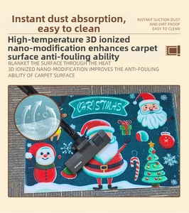 Close-up of Christmas rug showing 3D easy-clean fiber texture with vacuum demonstration