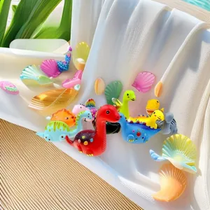Detailed view of colorful inertial dinosaur toy cars featuring a red Brachiosaurus model