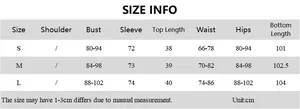 Detailed size chart for women's slim fit long sleeve top and yoga pants athletic set