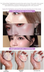 Three-color highlighter palette set showing swatches and application on skin