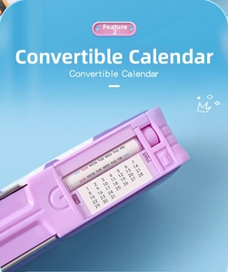 Detail of purple pencil case showing the manual convertible calendar feature and knob