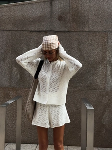 French style white hollow knit cardigan and shorts set with elegant floral crochet texture