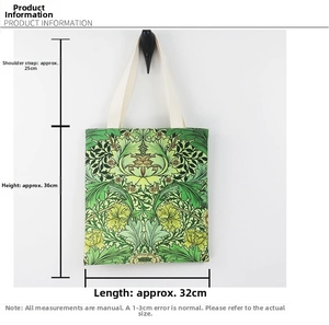 Detailed dimension guide of William Morris floral canvas tote bag with measurement markings