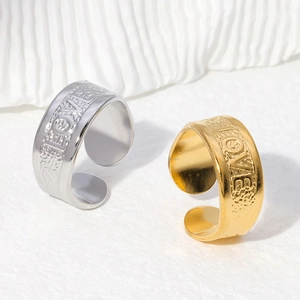 Love Letter Wide Band Ring 18K Gold Plated Stainless Steel Adjustable Open Hammered Texture Fashion Jewelry For Women