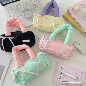 Large Capacity Quilted Puffy Pencil Case Polyester Bowknot Ribbon Handheld Cosmetic Storage Pouch For School Girls Stationery