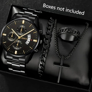 Detail of premium black men's watch set featuring steel band watch and cuban chain jewelry