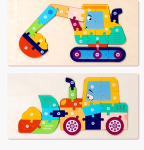 Close-up of wooden vehicle puzzles with numbered pieces for kids educational learning