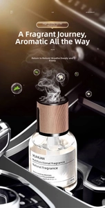Close-up of glass car diffuser with wood lid and minimalist label in luxury auto interior
