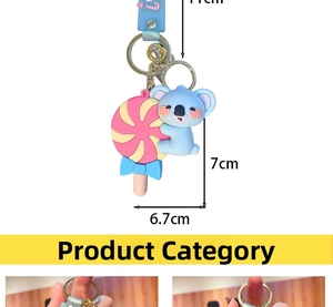 Vue détaillée des porte-clés koala en PVC avec dimensions et différentes couleurs