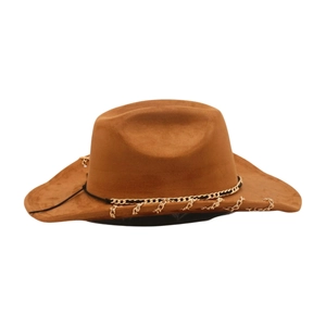 Detailed view of a brown suede cowboy hat featuring elegant gold chain trim decorations