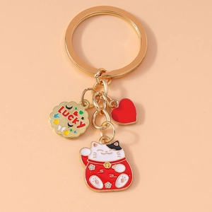 Creative Lucky Cat Metal Keychain Zinc Alloy Enamel Heart Lucky Tag Cartoon Bag Charm Pendant Key Ring Gift Women Kids