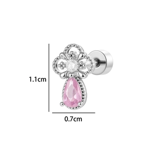 Silberne Blumenohrringe mit rosa Tropfen-Zirkonia und 1,1 cm Höhenangabe im Detail