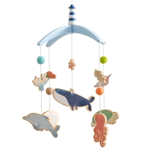 Nautical wooden baby crib mobile with whale and lighthouse hanging felt toys