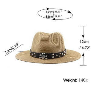 Unisex straw sun hat with leather belt and skull accent showing detailed dimensions