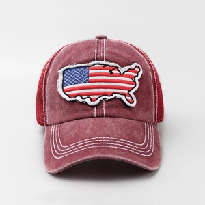 Distressed burgundy baseball cap with American flag map embroidery and mesh back