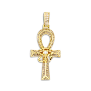 Detailed view of Eye of Horus Ankh cross pendant with sparkling zircon inlays