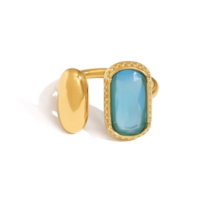 Bague ouverte plaquée or 18 carats avec zircon bleu rectangulaire et bords perlés